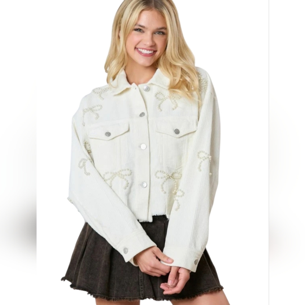Nwot Peach Love Ivory Cordoroy Pearl Bows Cropped Raw Edge Collared Jacket